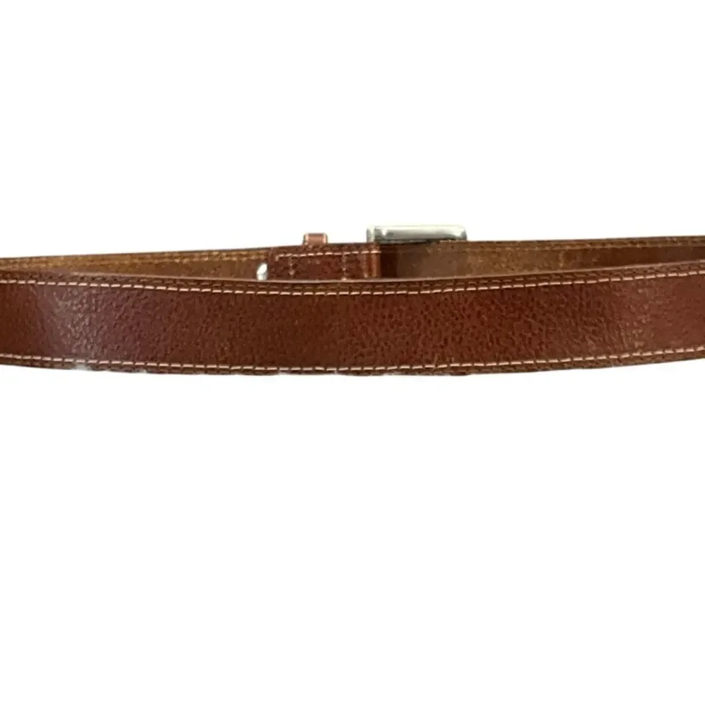 Western Brown Leather White Stitch Silver Square Buckle Belt Men 36”